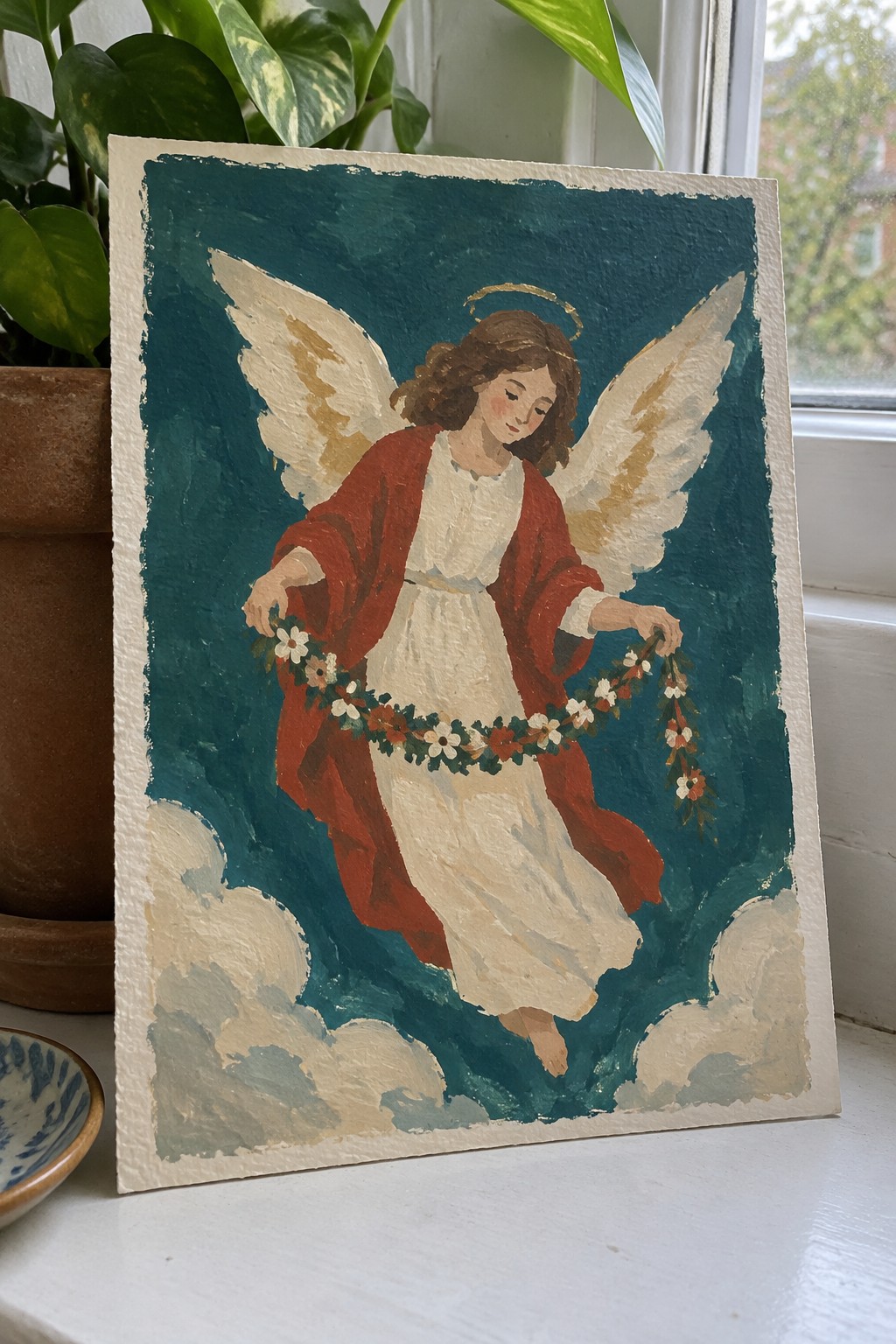 Angel in red and white robes holds flower garland, white wings spread against teal sky.