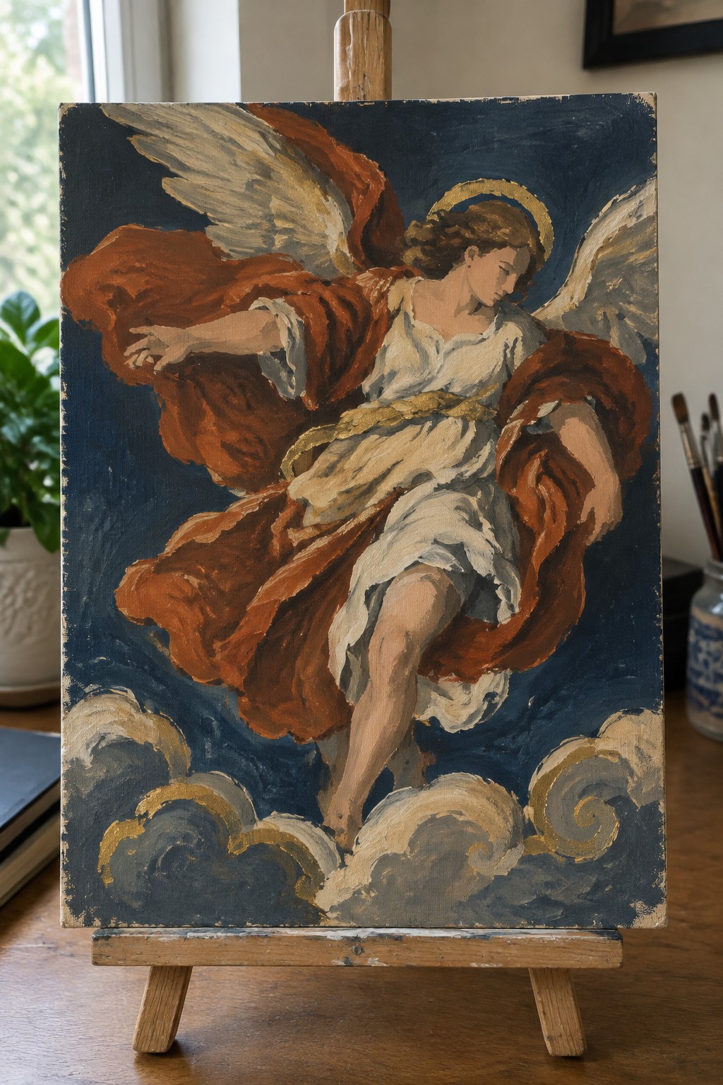 Oil painting on easel of haloed angel with wings in flowing white and red robes.