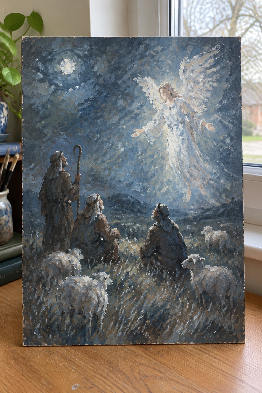 Three robed shepherds and sheep watch a glowing winged angel in a starry night sky.