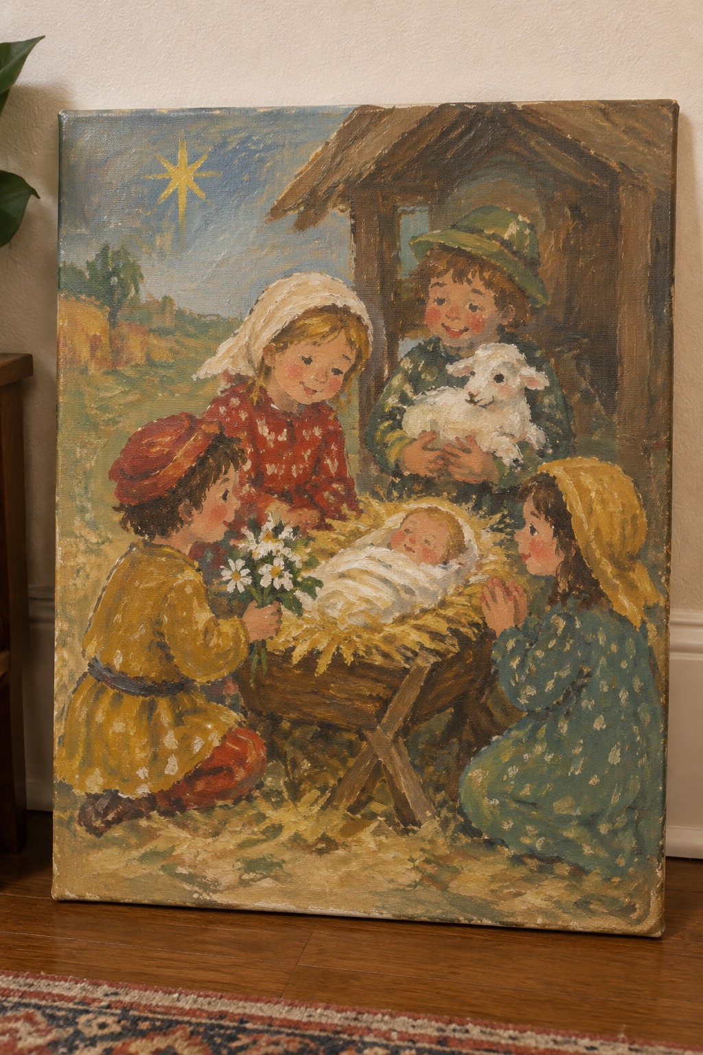 Children in colorful folk clothes gather around swaddled baby in manger with lamb, flowers, and star.