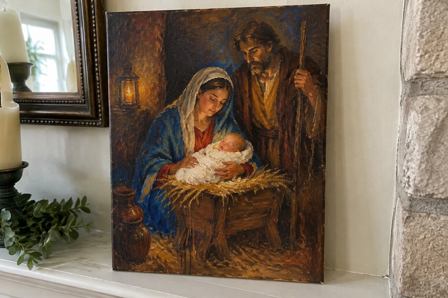 Oil painting of Mary in blue veil, Joseph with staff, and swaddled baby in manger.