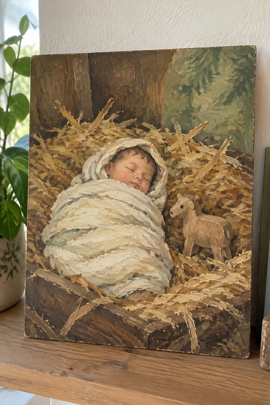 Oil painting of swaddled newborn sleeping in straw manger beside carved wooden lamb