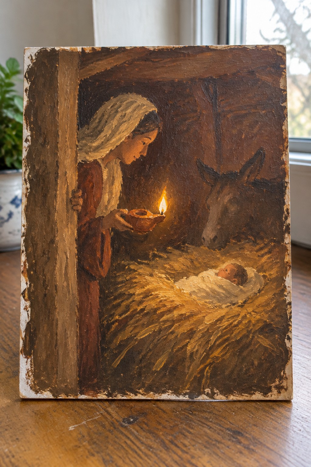 Woman in red robe holds lit lamp over swaddled baby in hay beside donkey, oil painting