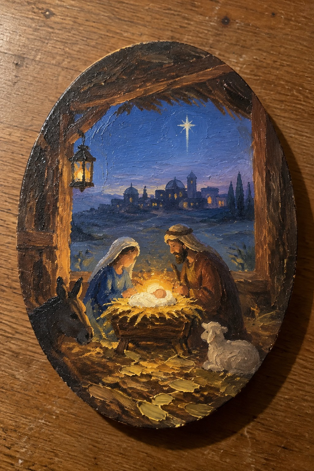 Oval impasto painting of Mary, Joseph, baby Jesus in manger, donkey, lamb, lantern and star.