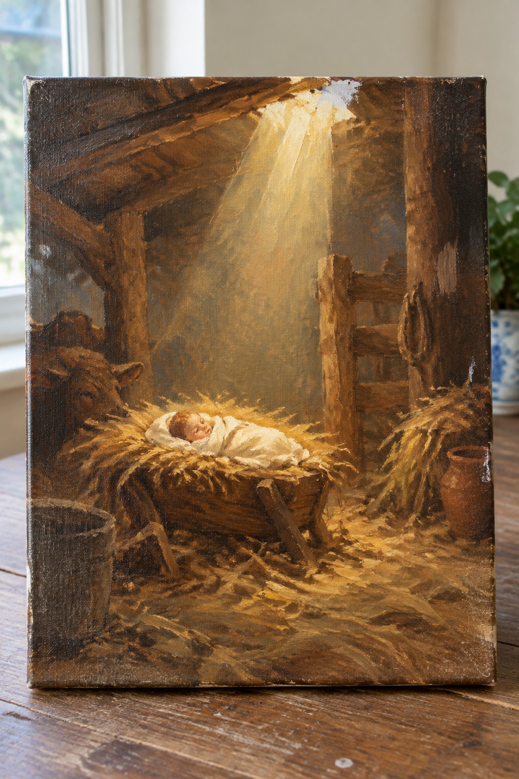 Newborn in white swaddling lies in hay-filled wooden manger under golden stable light.