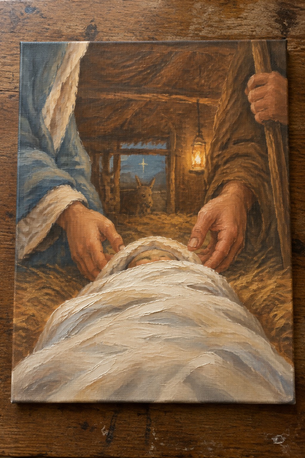 Swaddled baby in straw with reaching hands inside wooden stable lit by lantern and star