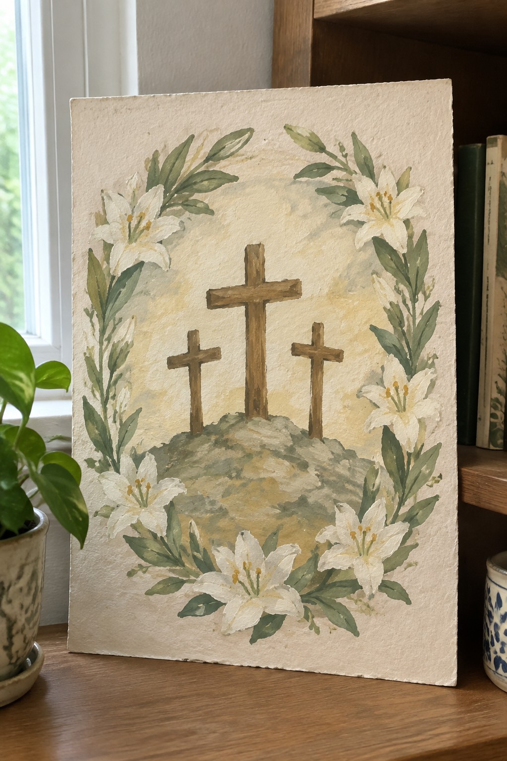 Watercolor painting of three crosses on a hill ringed by white lilies.