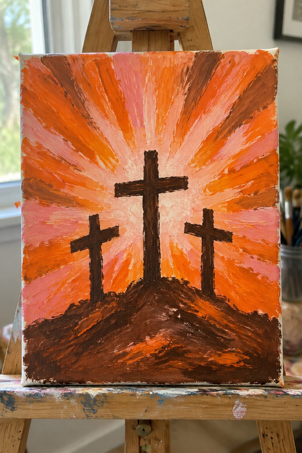 Three crosses on a hill under dramatic orange-pink radiating sunset sky