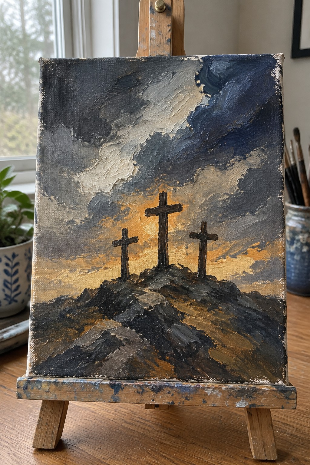 Dramatic oil painting of three crosses on a rocky hill under stormy golden skies.
