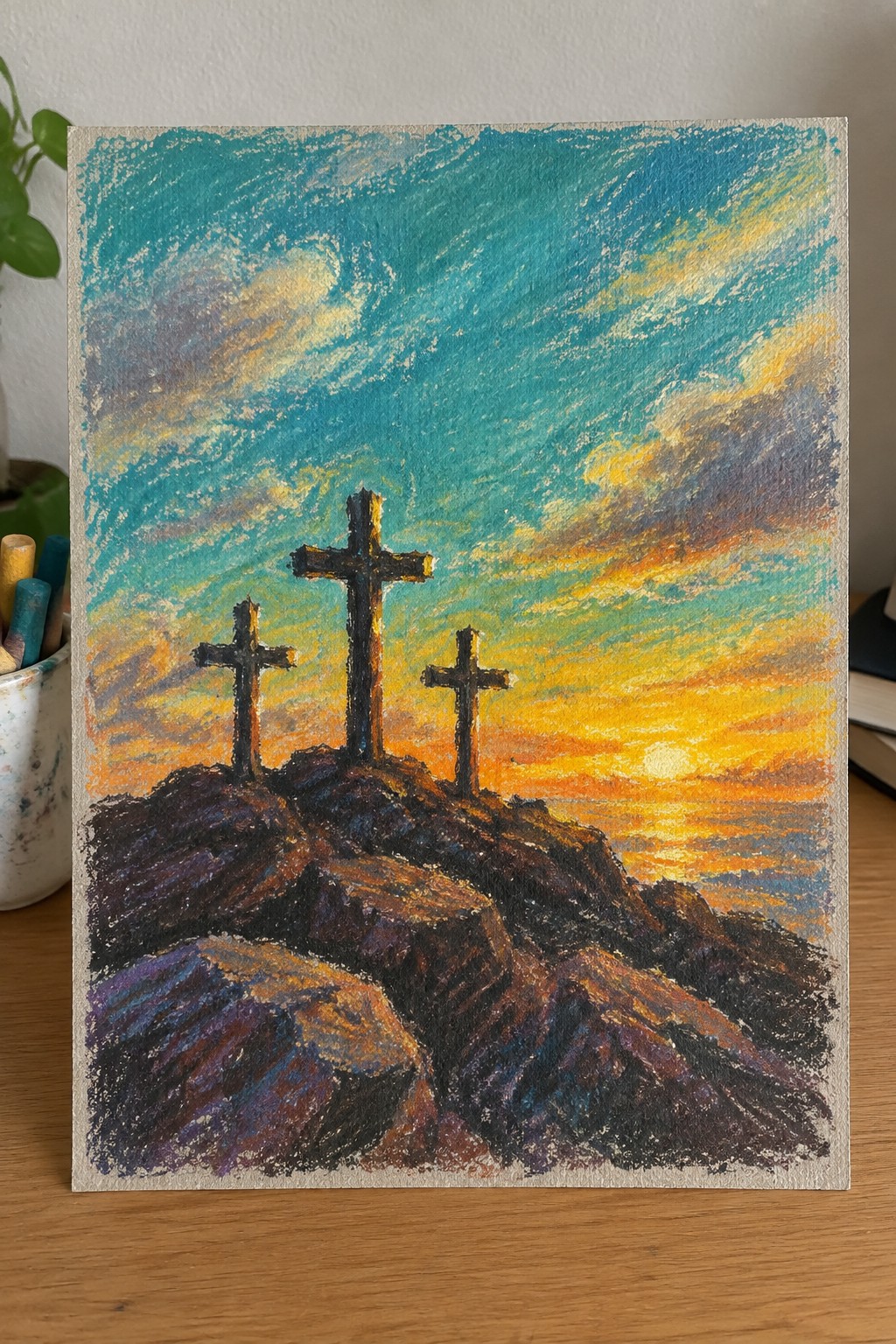 A painting of three crosses on a rocky hill under a colorful sunset sky with the sun low on the horizon.