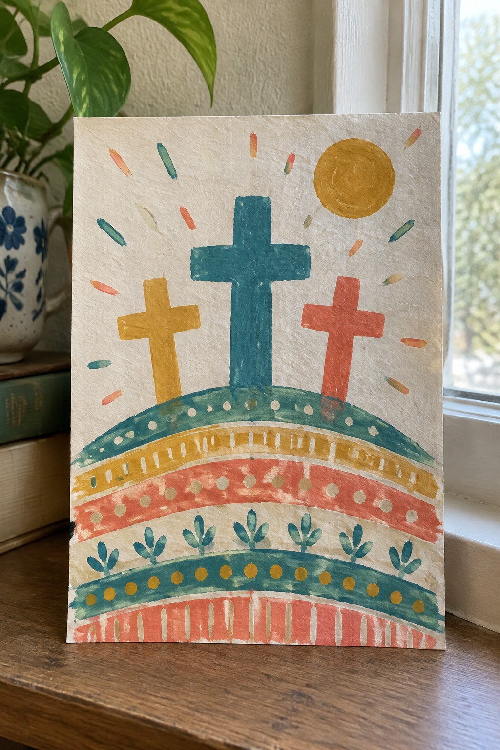 A painting of three crosses on a hill with a yellow sun above and colorful striped patterns below.