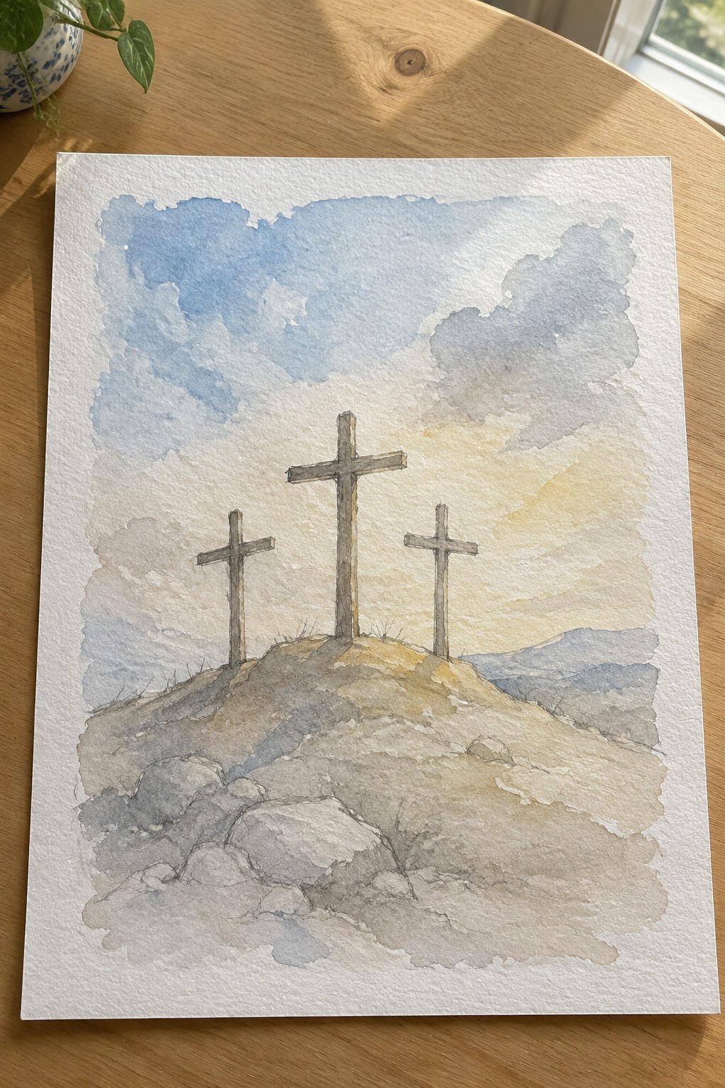 Three crosses on rocky hill under blue-yellow watercolor sky with distant mountains