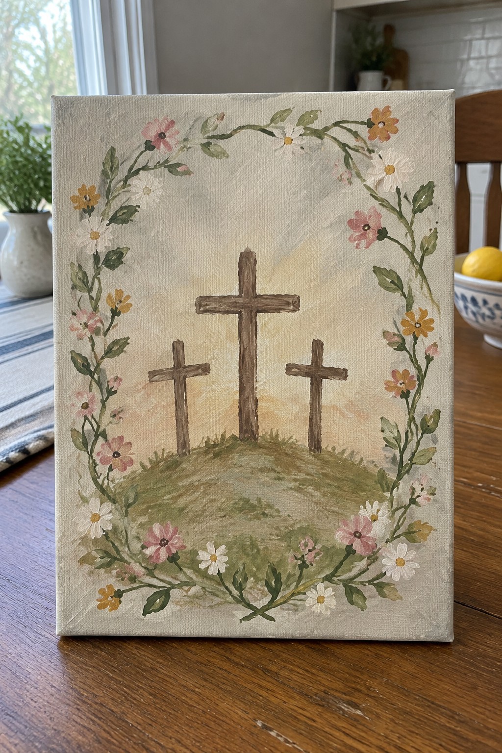 Canvas painting of three crosses on a hill encircled by pink, yellow, and white flowers.