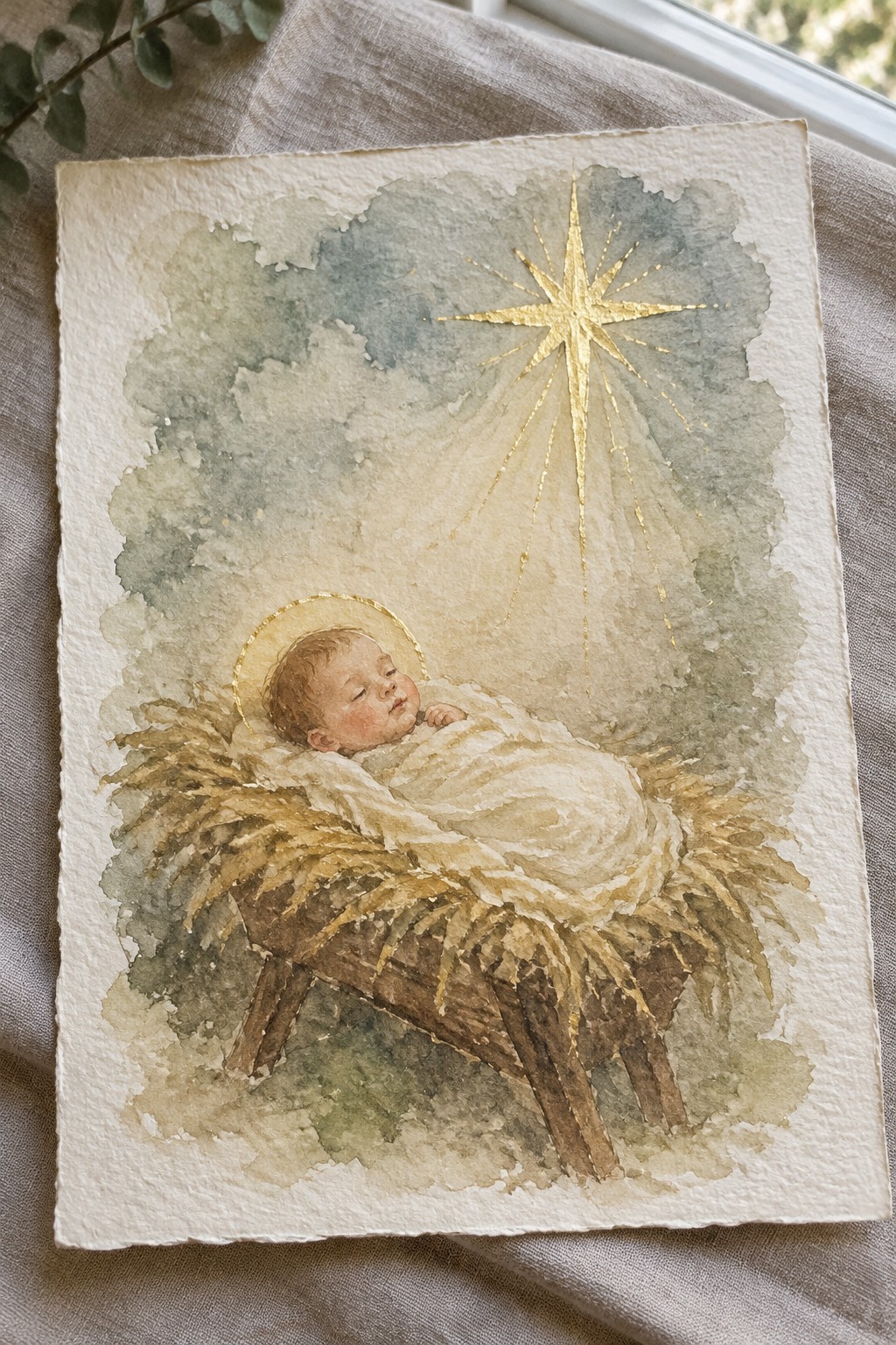 Watercolor nativity of swaddled baby in straw-filled manger under golden star with halo