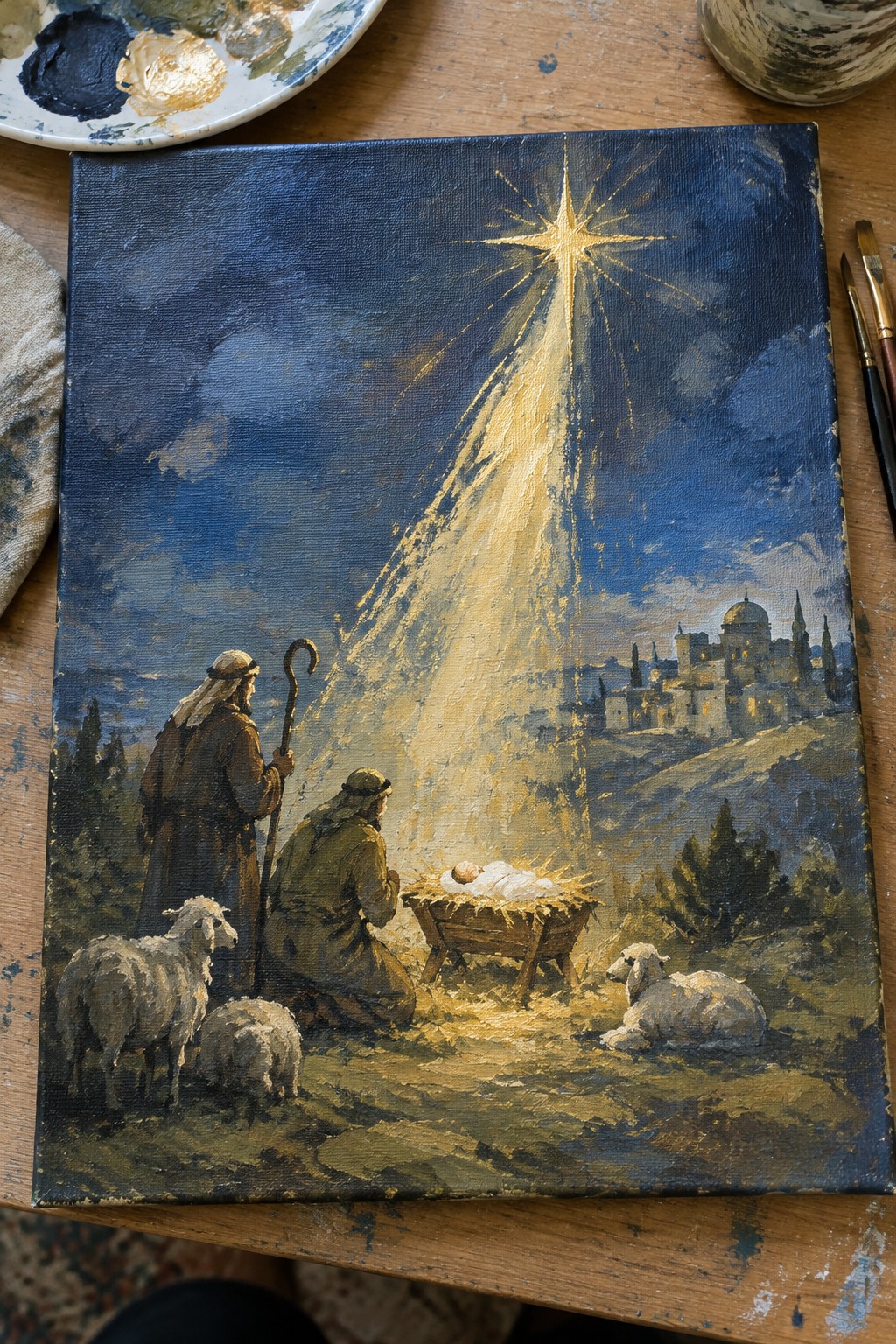 Oil painting of robed shepherds kneeling by manger under radiant star with sheep.