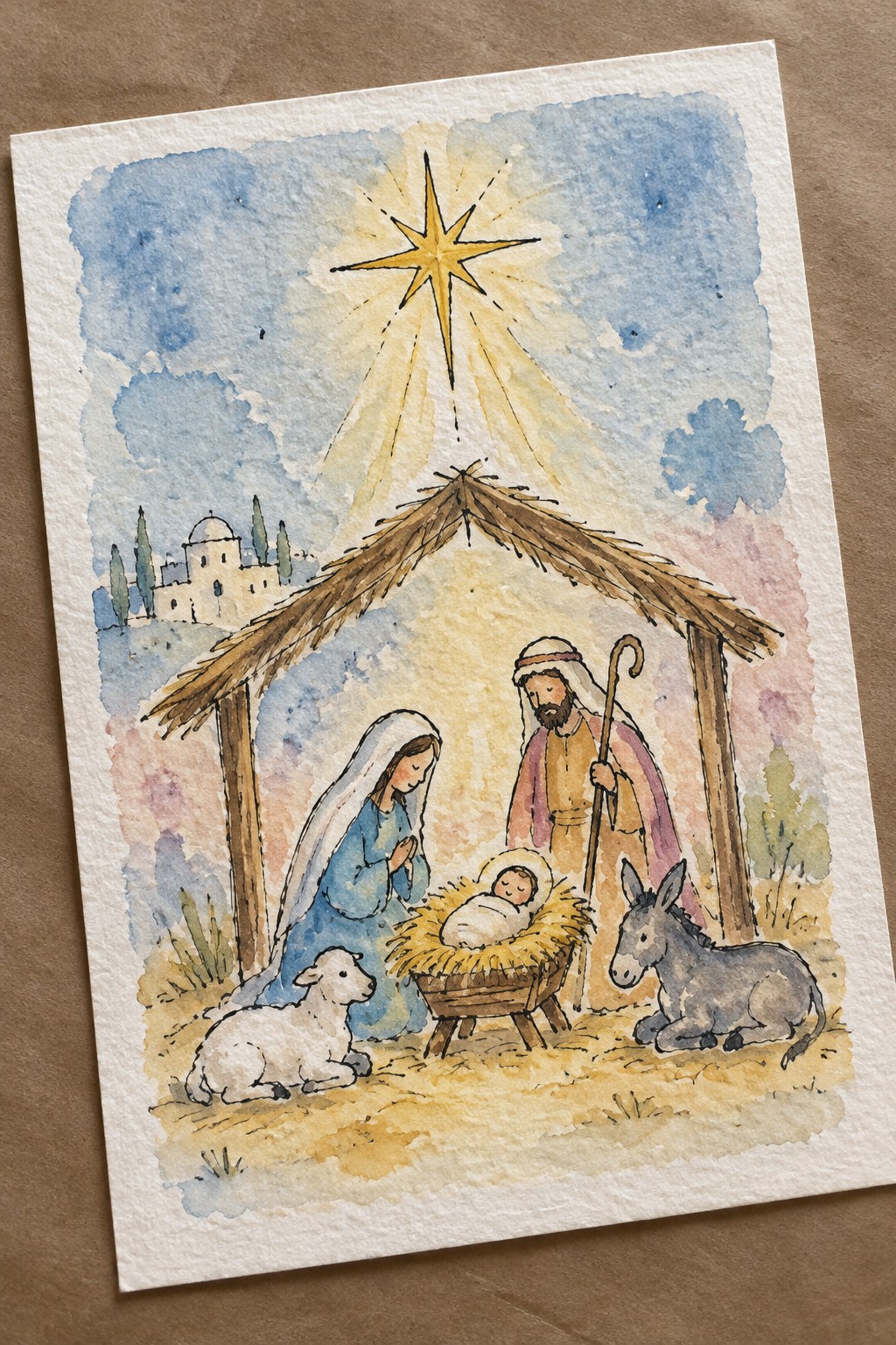 Watercolor nativity with Mary in blue, Joseph holding staff, baby in manger, lamb, donkey, and shining star.
