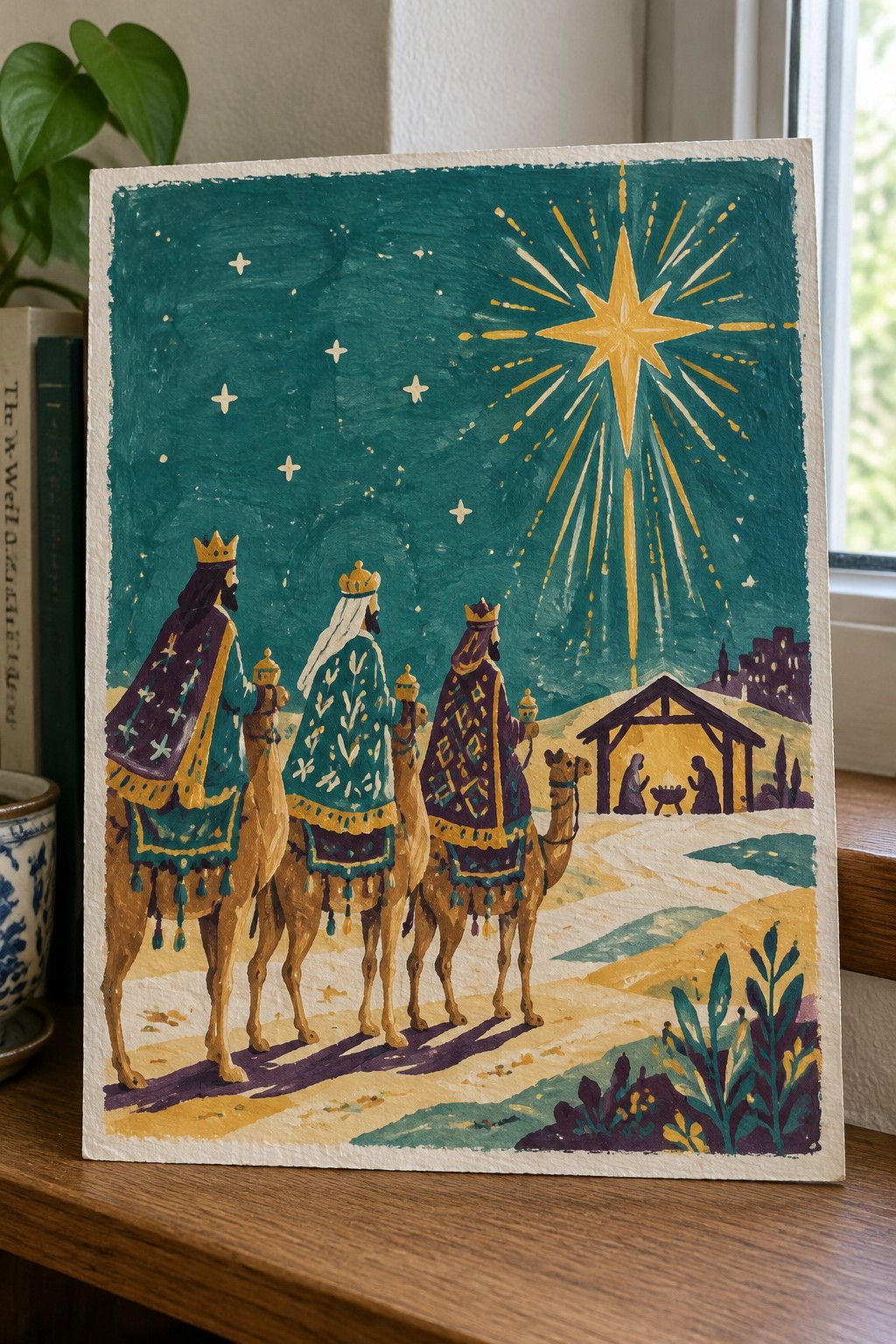 Three ornate kings on camels follow a radiant star to a glowing nativity stable.