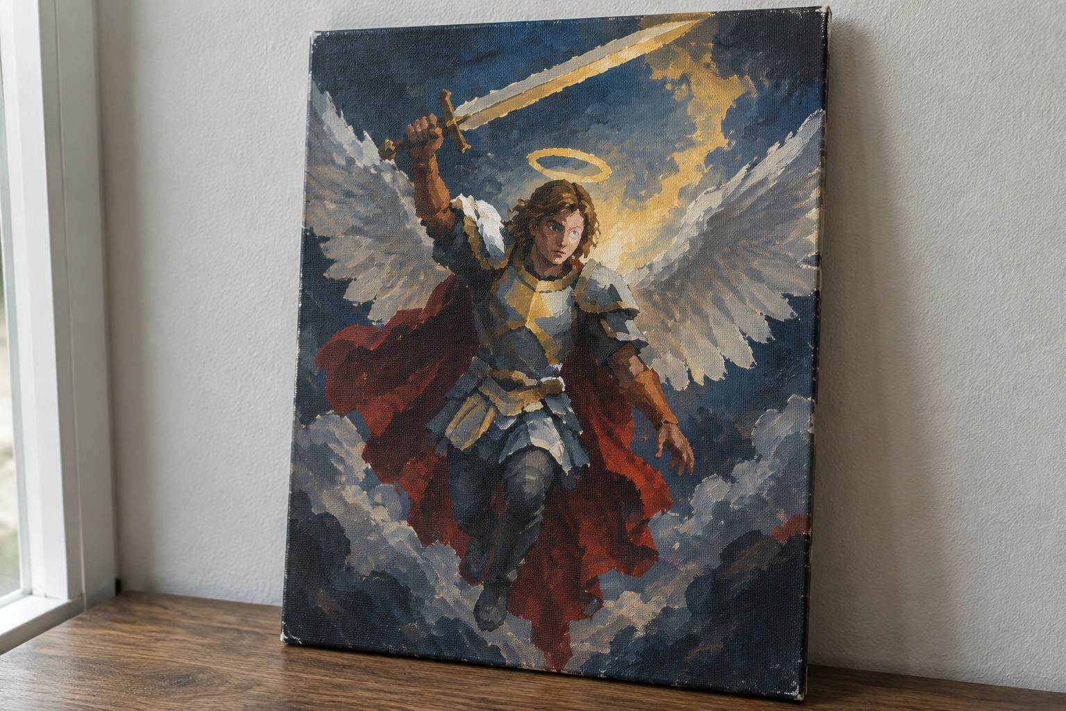 Winged angel in blue-gold armor and red cape raises sword amid stormy clouds