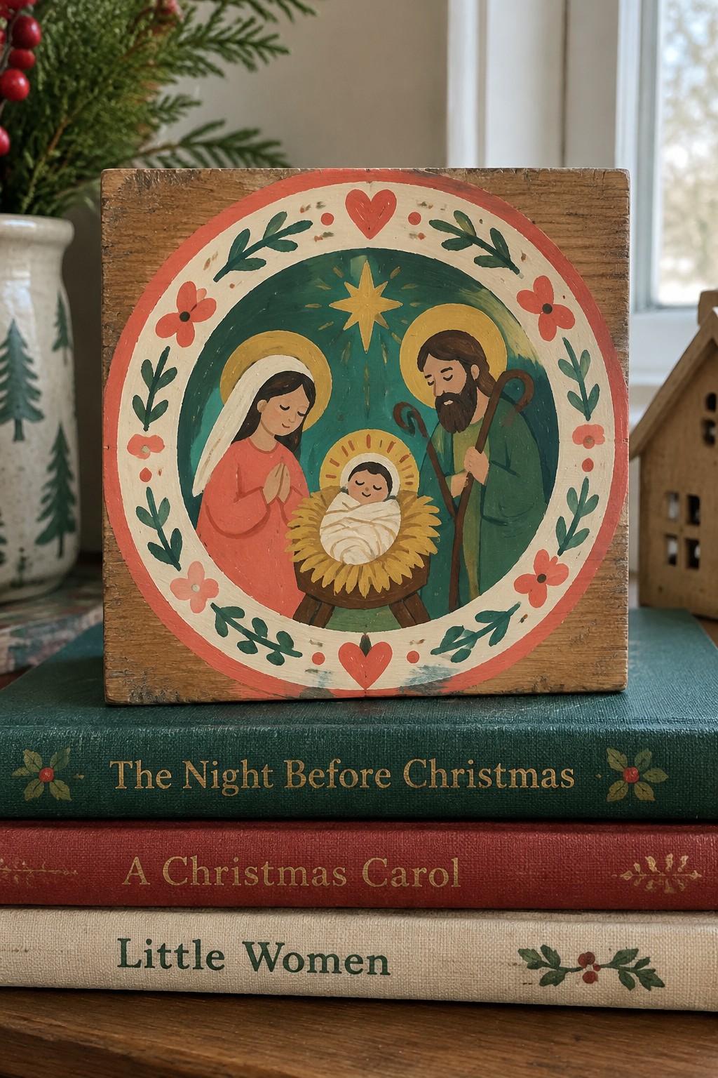 Folk art wooden nativity plaque with Mary, Joseph, and manger atop stacked Christmas books