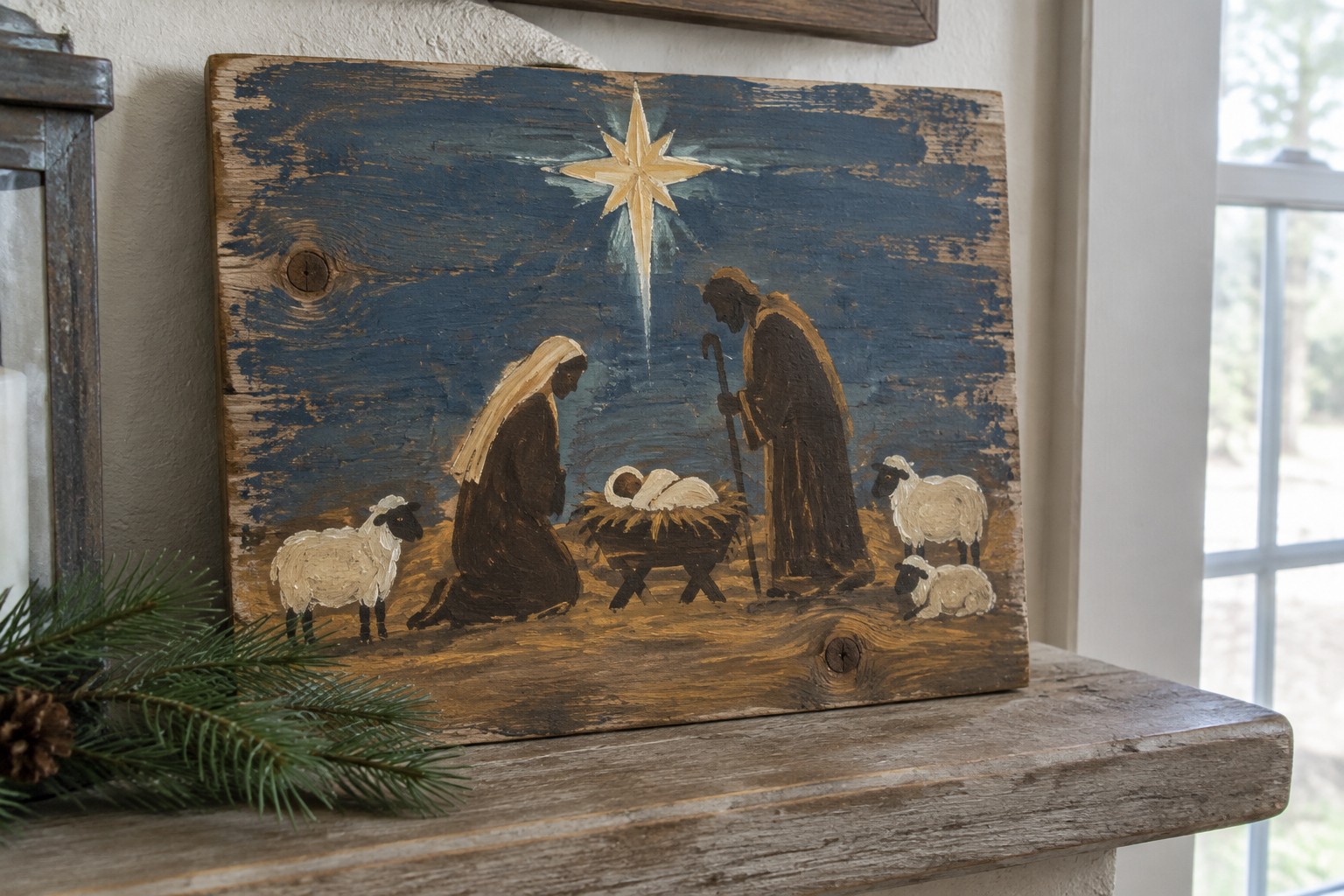 Rustic distressed wood plaque with blue nativity scene, star, manger, robed figures, and sheep.