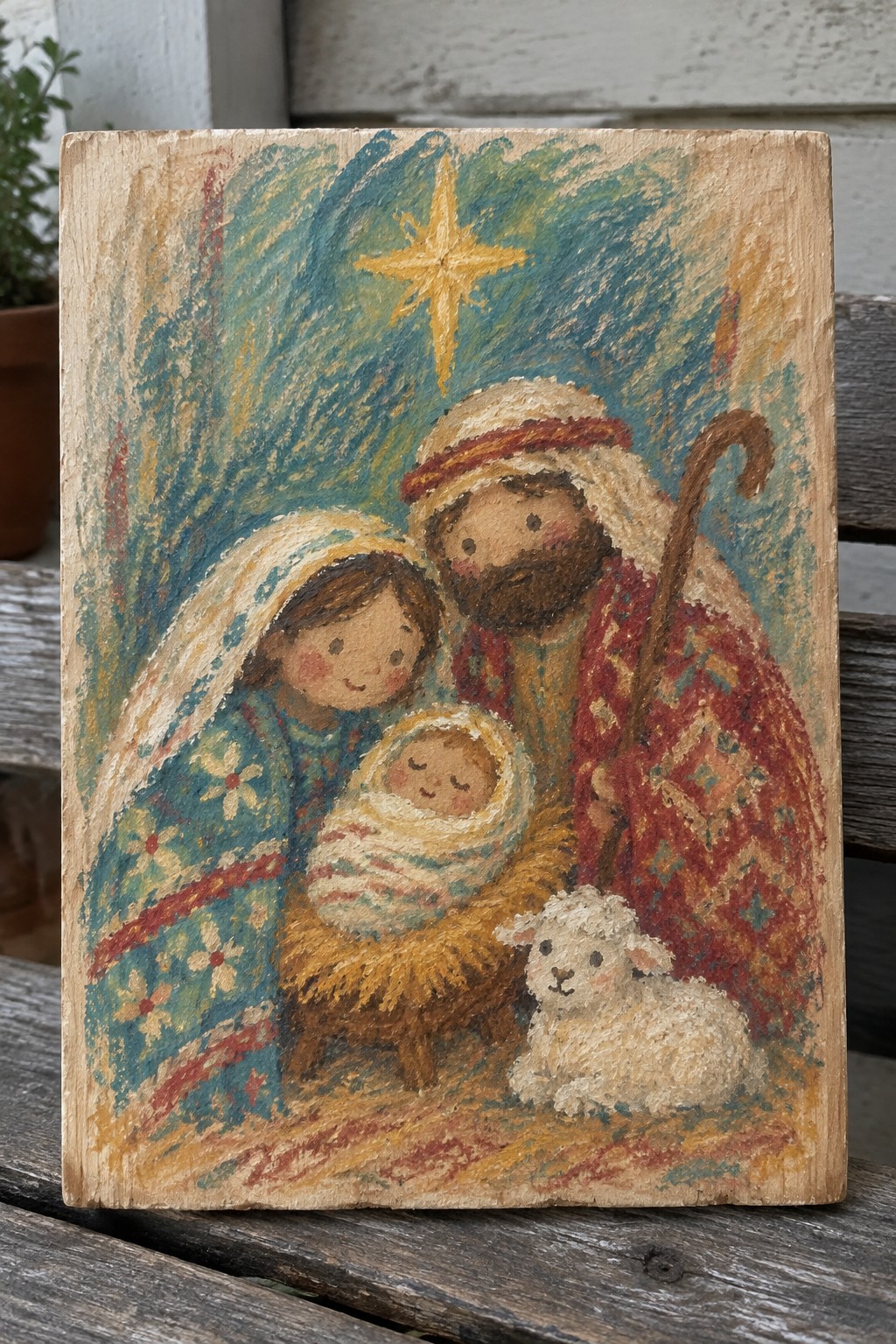 Folk art painting on wood of Mary, Joseph, swaddled baby, lamb, and golden star.