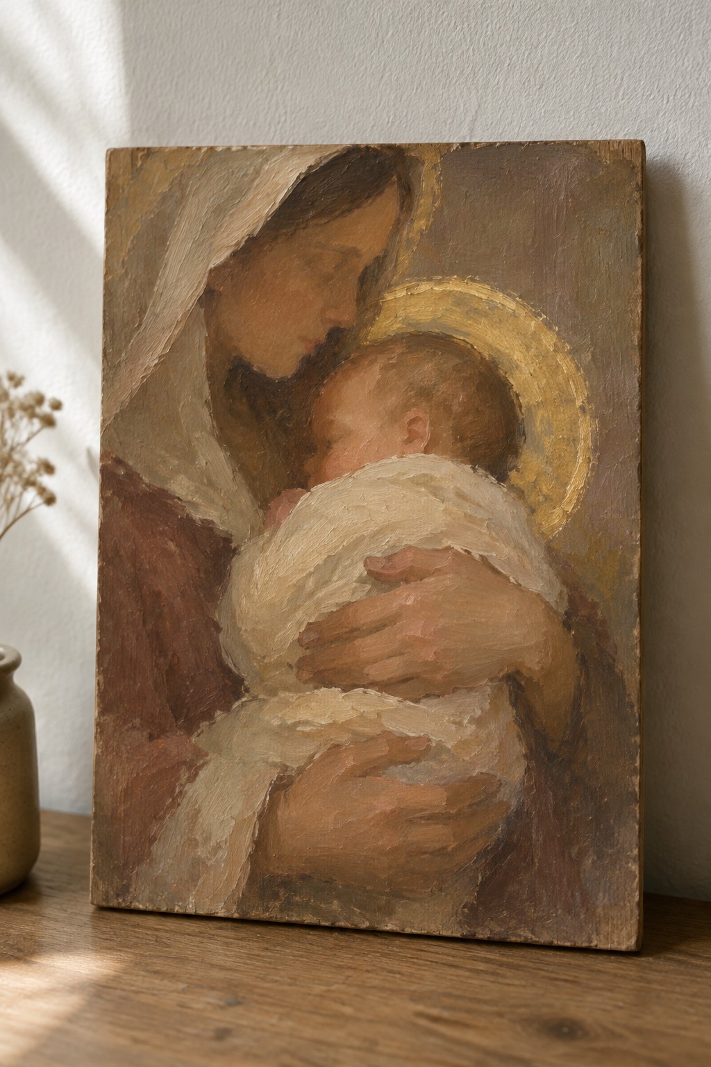 Oil painting of haloed woman in veil cradling swaddled infant with golden halos.