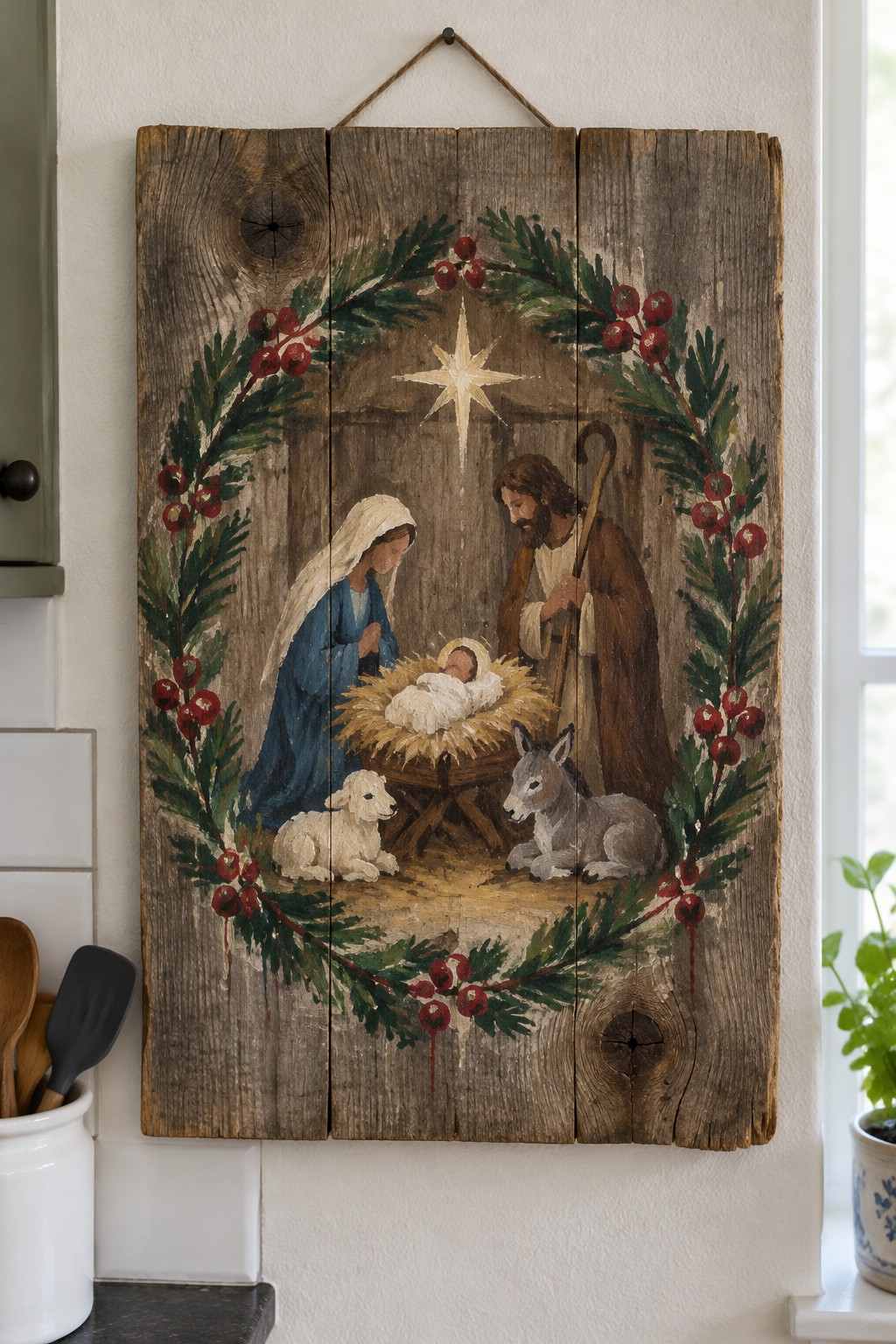 Folk art nativity on rustic wood with Mary, Joseph, manger, star, and berry wreath