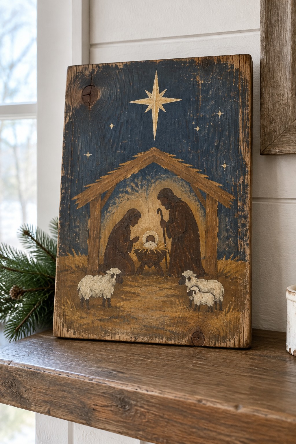 Rustic distressed wood plaque with blue nativity scene, star, manger, robed figures, and sheep.