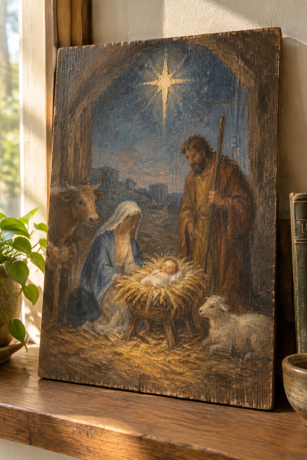 Rustic oil painting of Nativity with Mary in blue, Joseph, manger, cow, sheep under bright star.