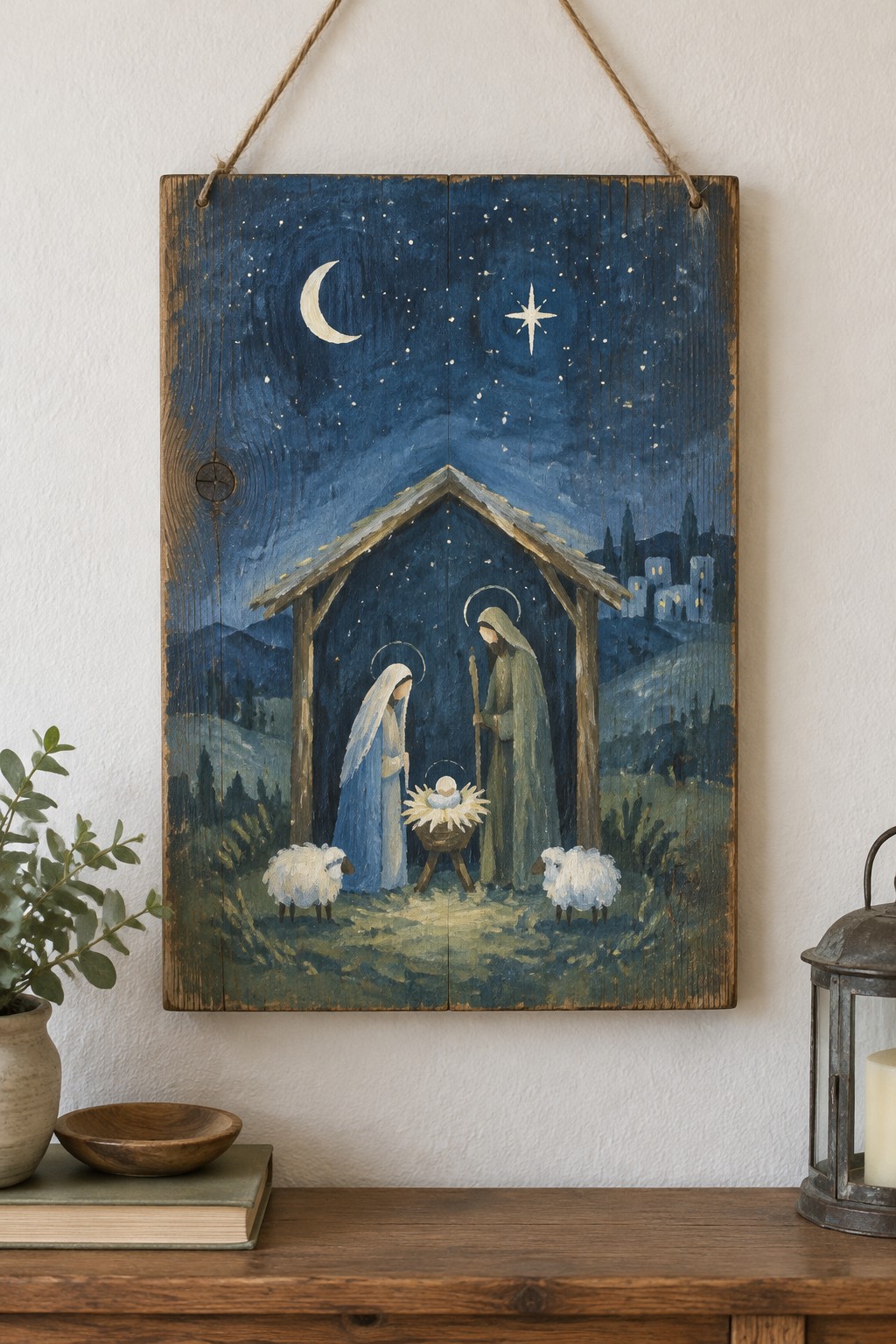Rustic wooden nativity painting with Mary, Joseph, infant, sheep, crescent moon and bright star.