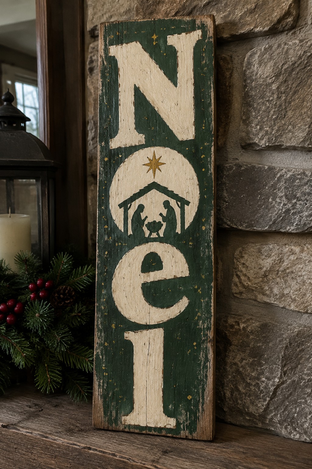 Distressed green wooden NOEL sign with nativity silhouette in O against stone wall