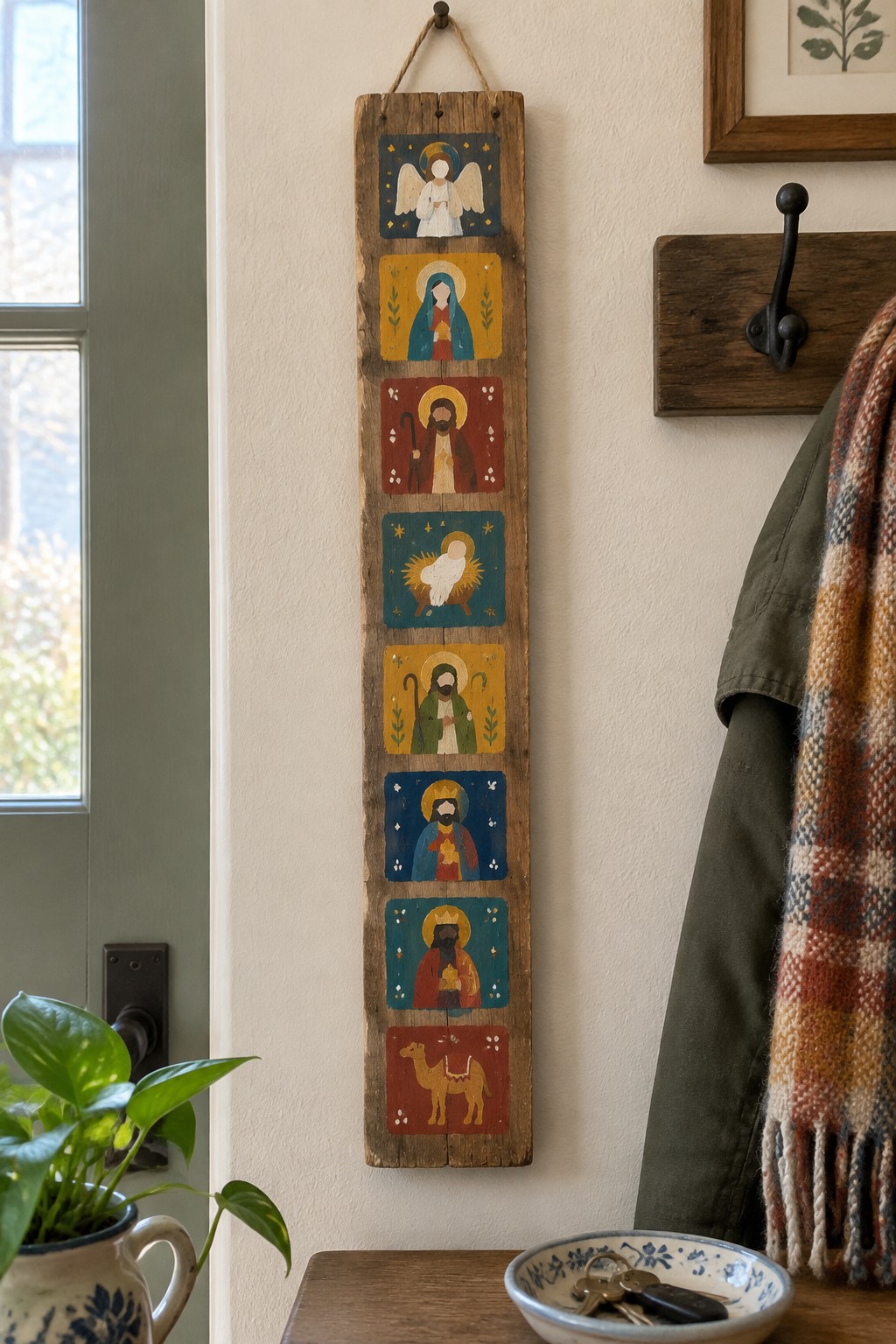 Rustic wooden board with eight colorful nativity paintings hanging beside coat rack and plant.