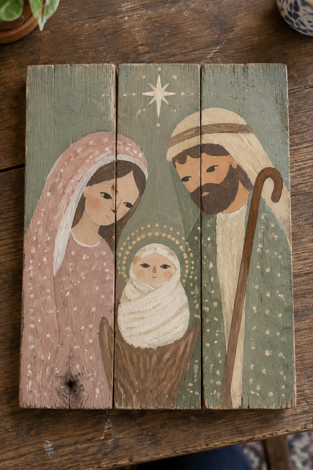 Rustic wood painting of Mary in pink veil, Joseph with staff, and swaddled baby under star