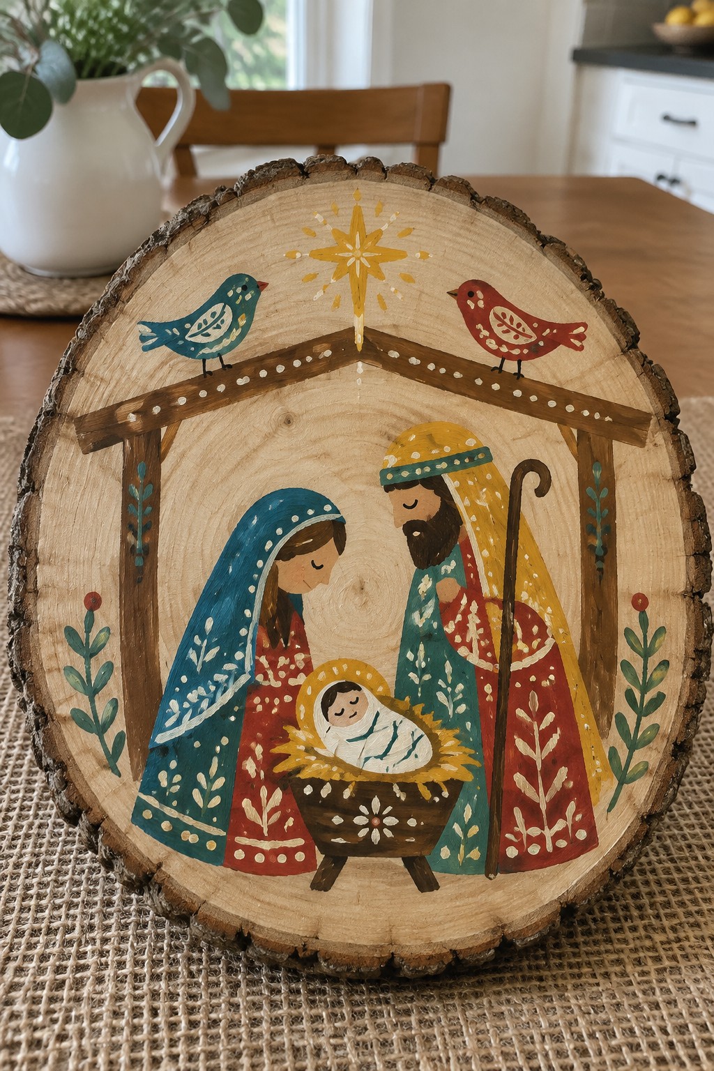 Wood slice painted with nativity: Mary in blue-red robes, Joseph with staff, manger, star, birds