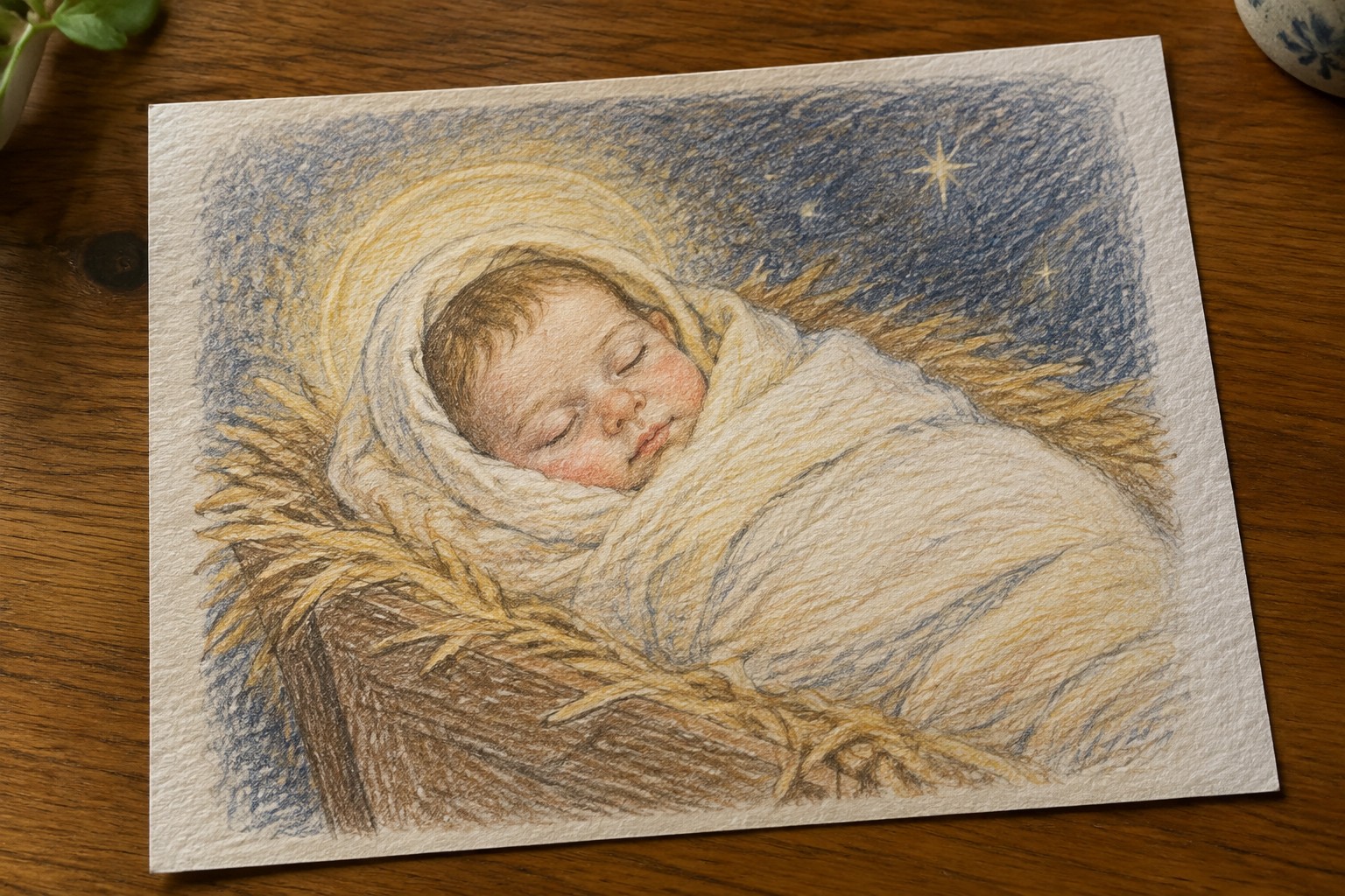 Swaddled infant with golden halo sleeping in wooden manger amid straw under blue starry sky