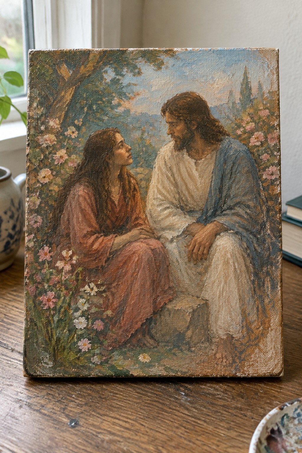 Oil painting of Jesus in white and blue robes with a woman in a flower garden