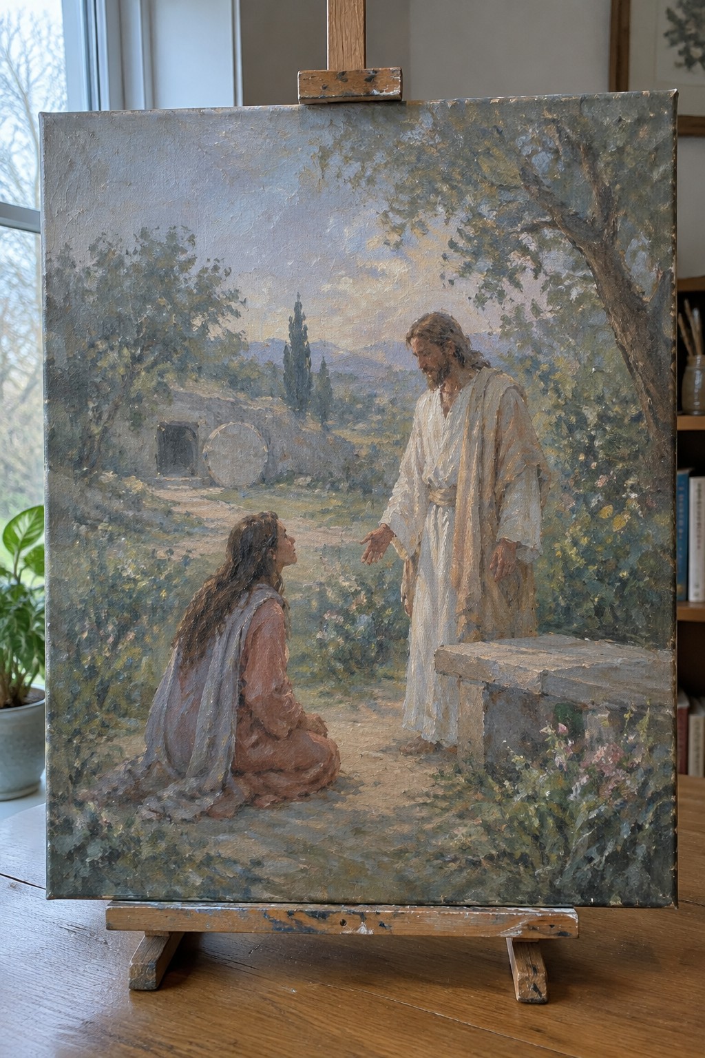 Painting on easel shows Jesus in white robes reaching to kneeling woman by stone tomb.
