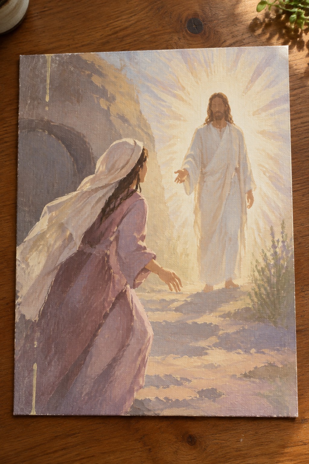 Oil painting of woman in purple robes reaching toward radiant Jesus outside tomb.