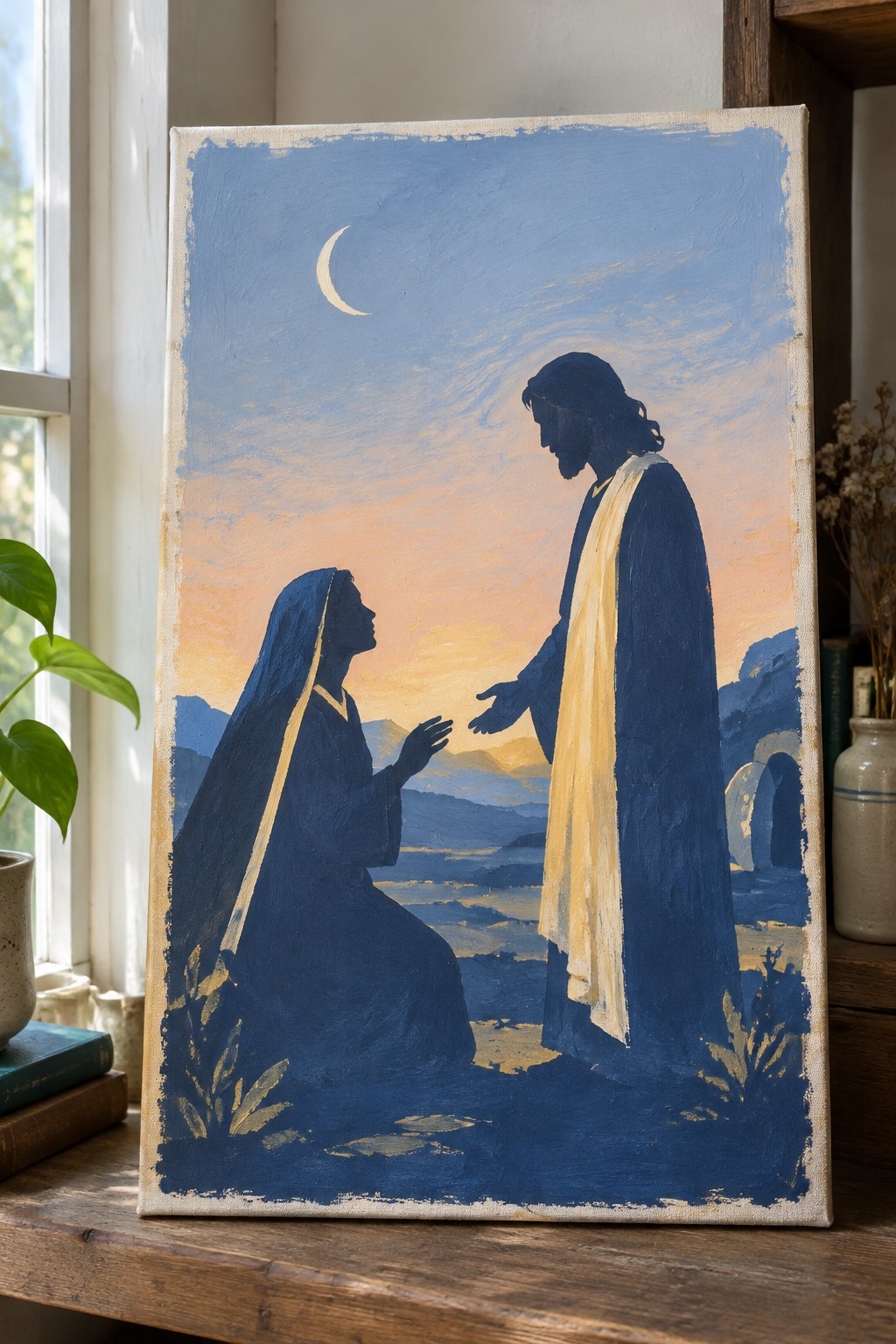 Blue-robed woman kneels reaching toward Jesus against orange sunset mountains and moon