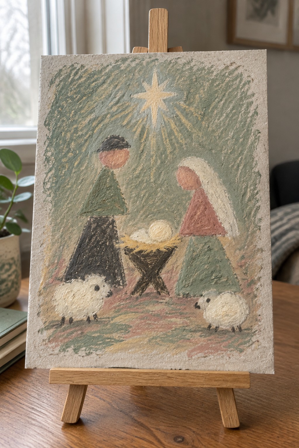 Naive folk painting of nativity with robed figures, two sheep, manger and radiant star.
