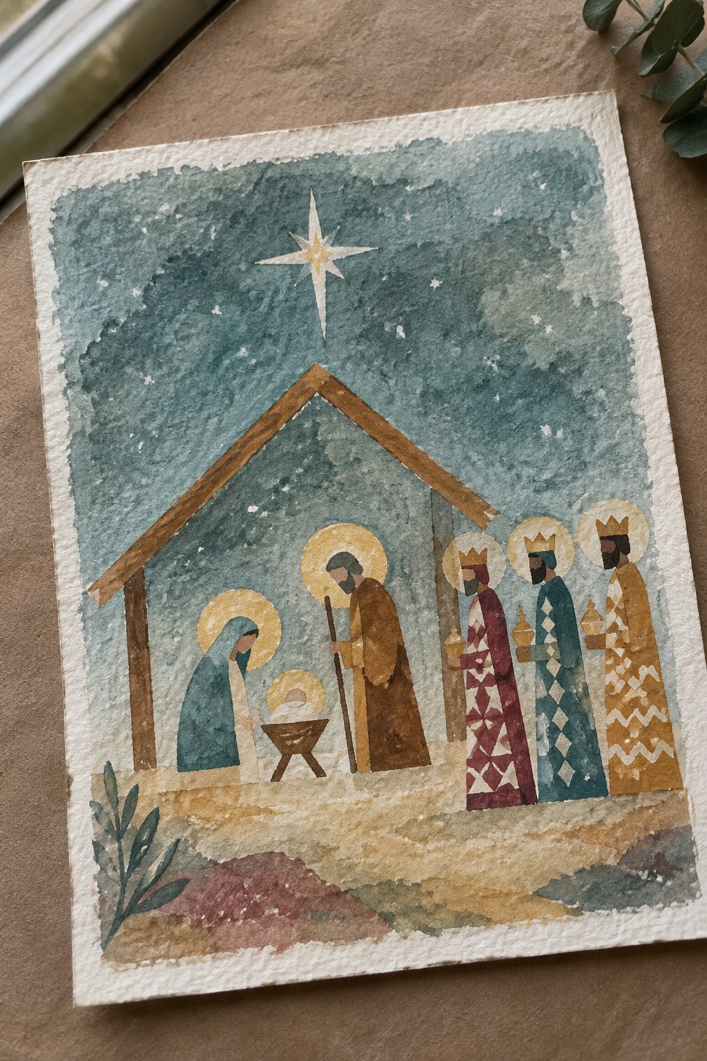 Watercolor nativity scene with Mary, Joseph, infant Jesus, and three crowned wise men.