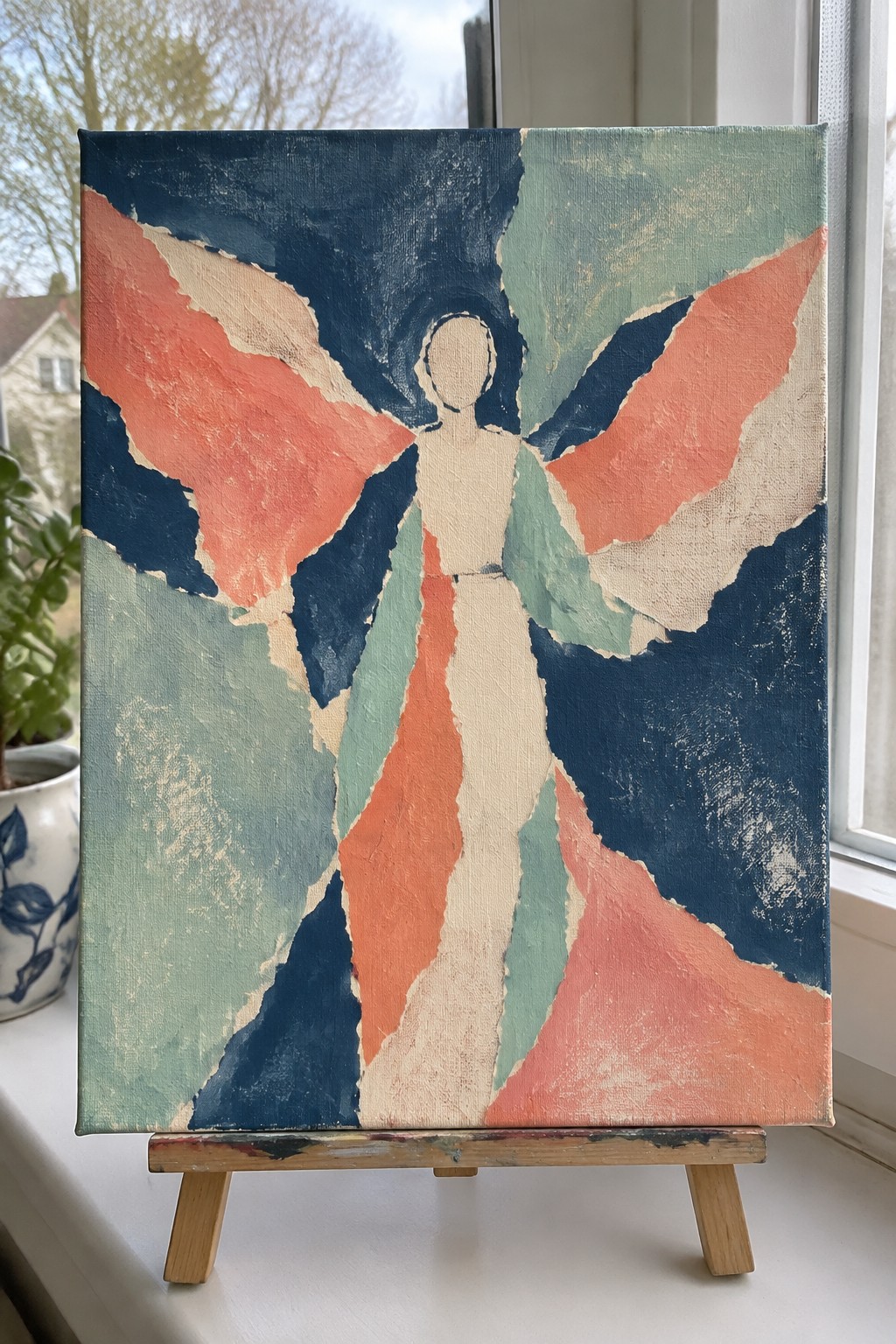 Abstract painting on easel of stylized winged figure in coral, navy, and teal