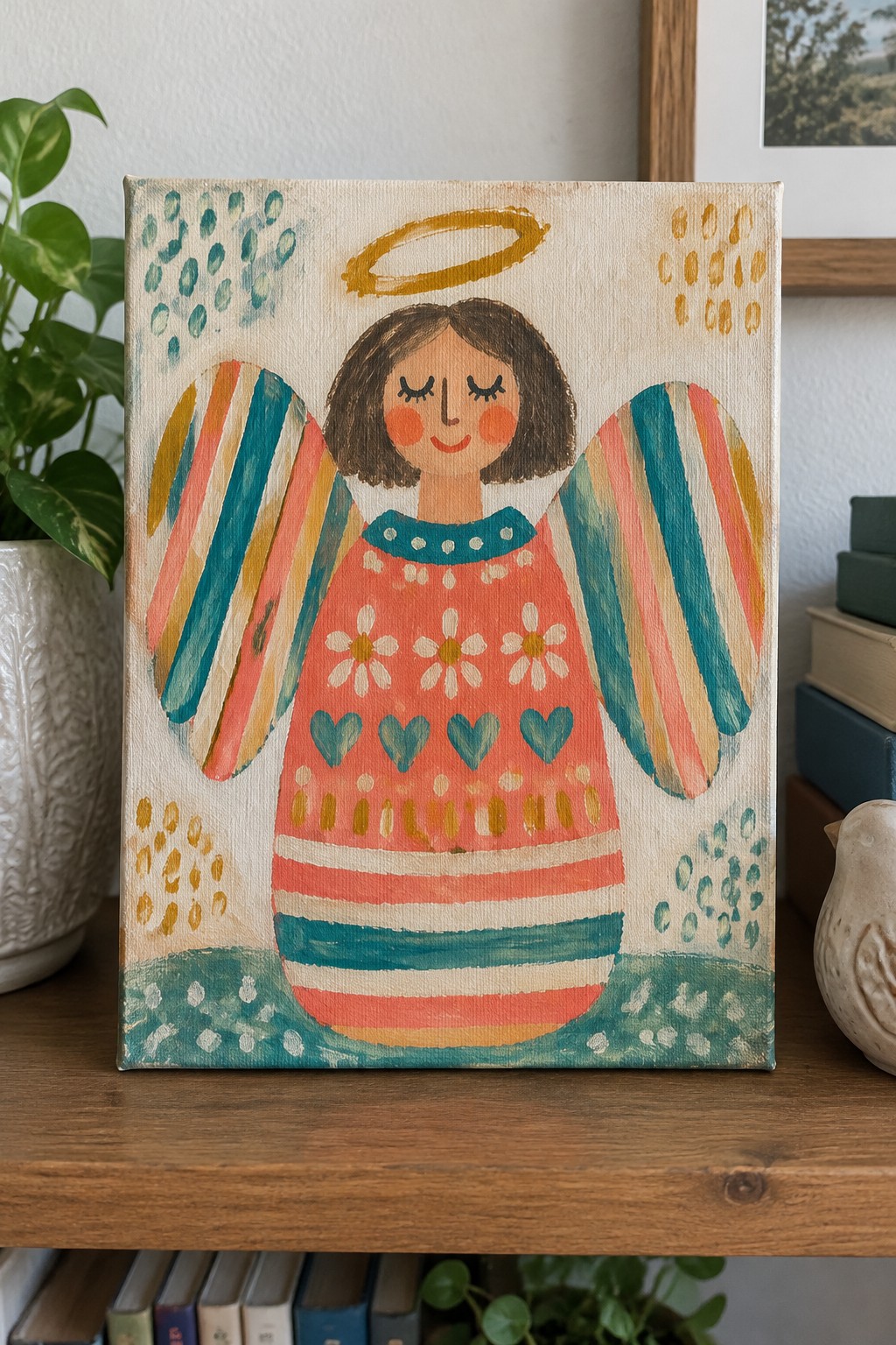 Colorful folk-art angel painting with striped rainbow wings, daisy dress, and halo