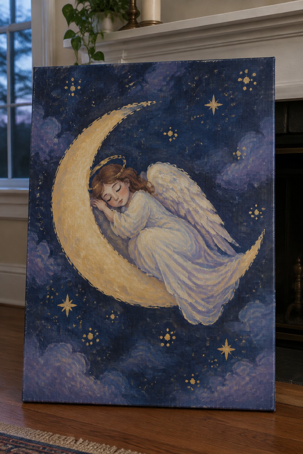 Angel in white gown sleeping on crescent moon in starry dark blue sky