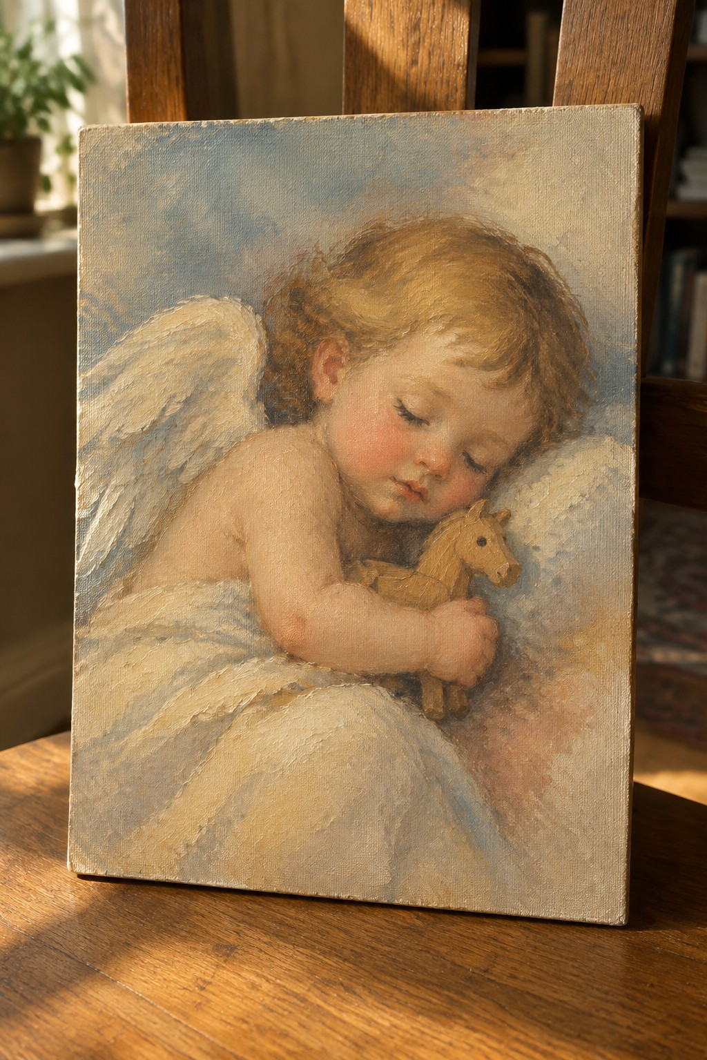 Sleeping cherub with blond curls and wings clutches wooden toy horse on clouds