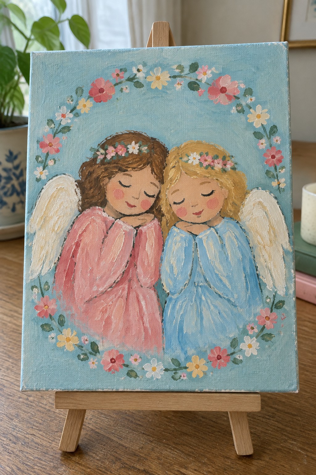 Two angels in pink and blue dresses with wings and flower crowns in floral wreath