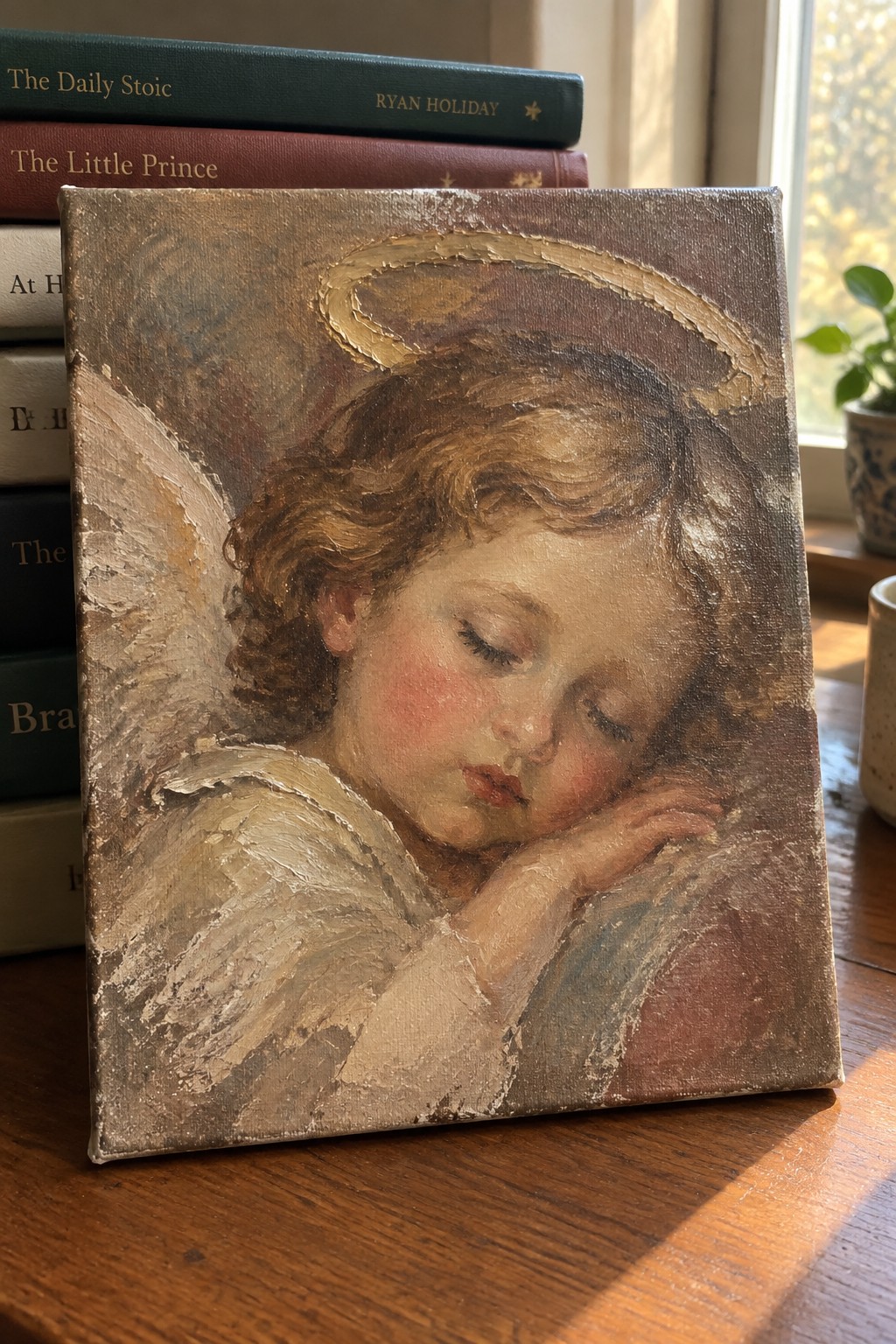 Oil painting of sleeping angel with halo and wings propped against books on wood