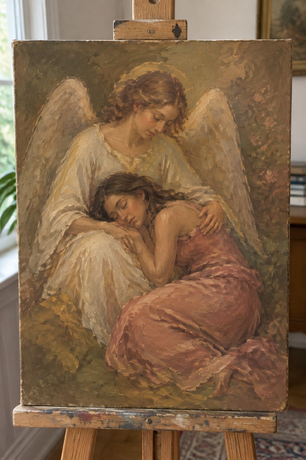 Oil painting on easel of angel with halo embracing sleeping woman in pink dress