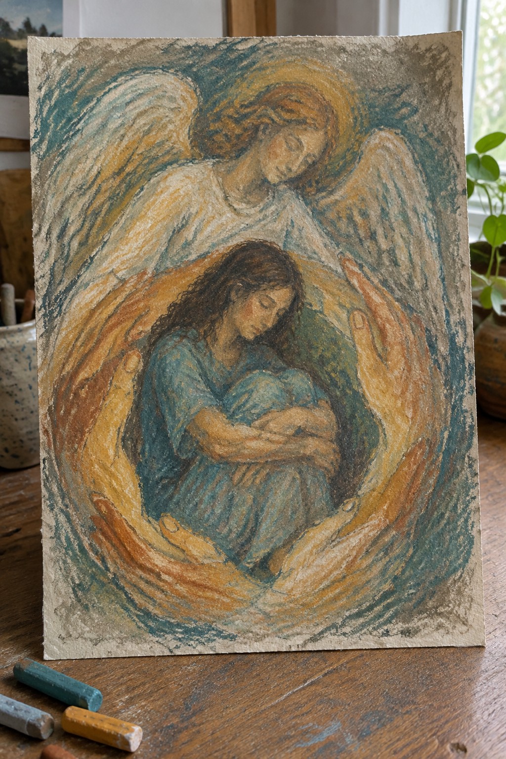 Pastel drawing of haloed angel embracing woman in blue amid golden swirls.