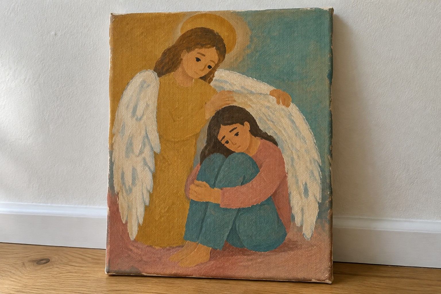 Two winged angels embrace, one in yellow comforting the other in pink and blue.